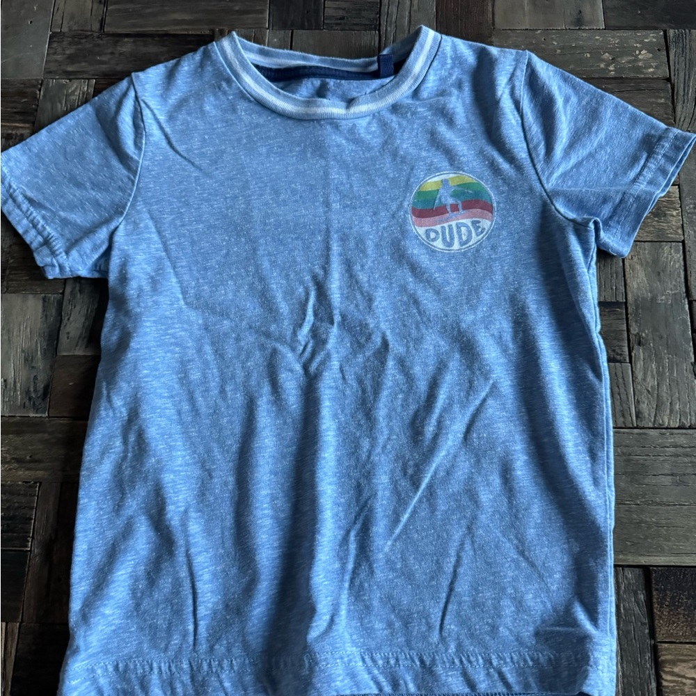 Boden Light Blue Kids Tee with Colorful 'Dude' Logo